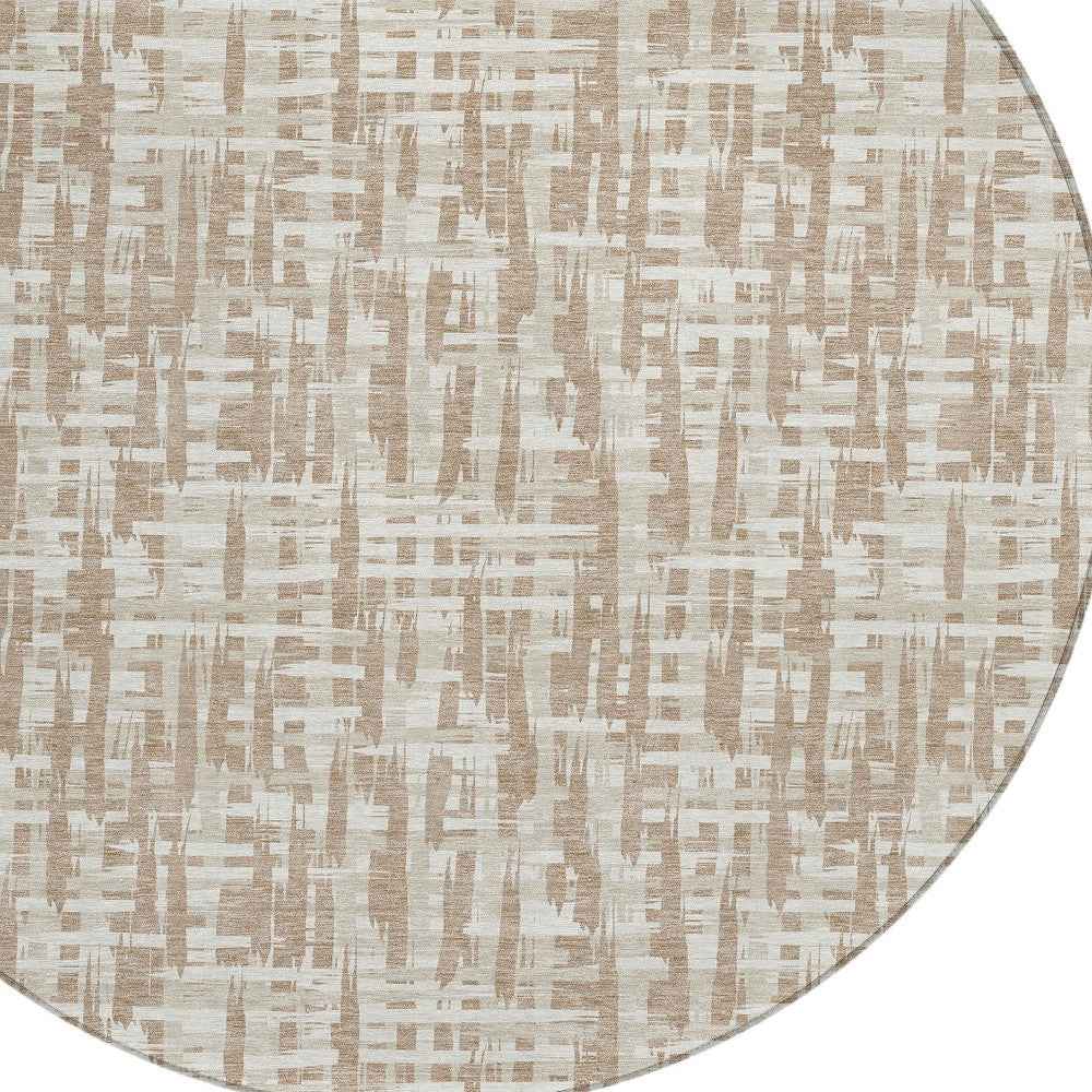 8' Tan And Beige Round Abstract Washable Indoor Outdoor Area Rug