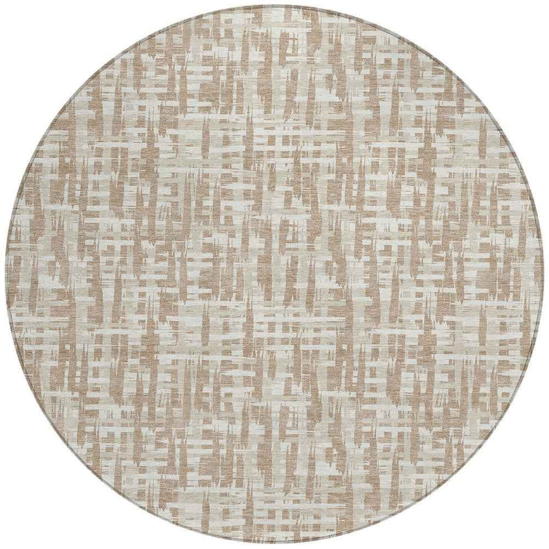 8' Tan And Beige Round Abstract Washable Indoor Outdoor Area Rug