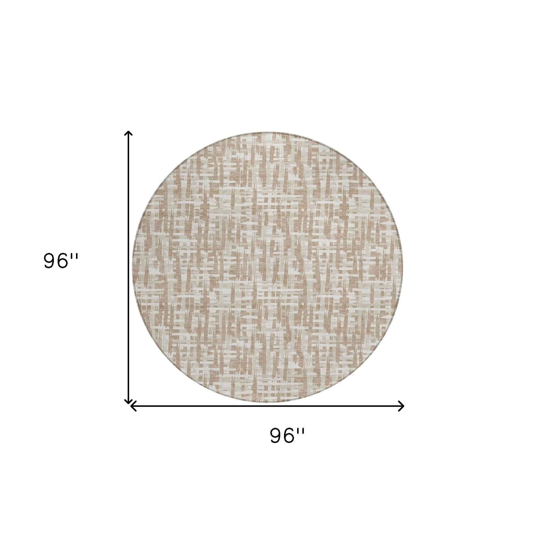 8' Tan And Beige Round Abstract Washable Indoor Outdoor Area Rug