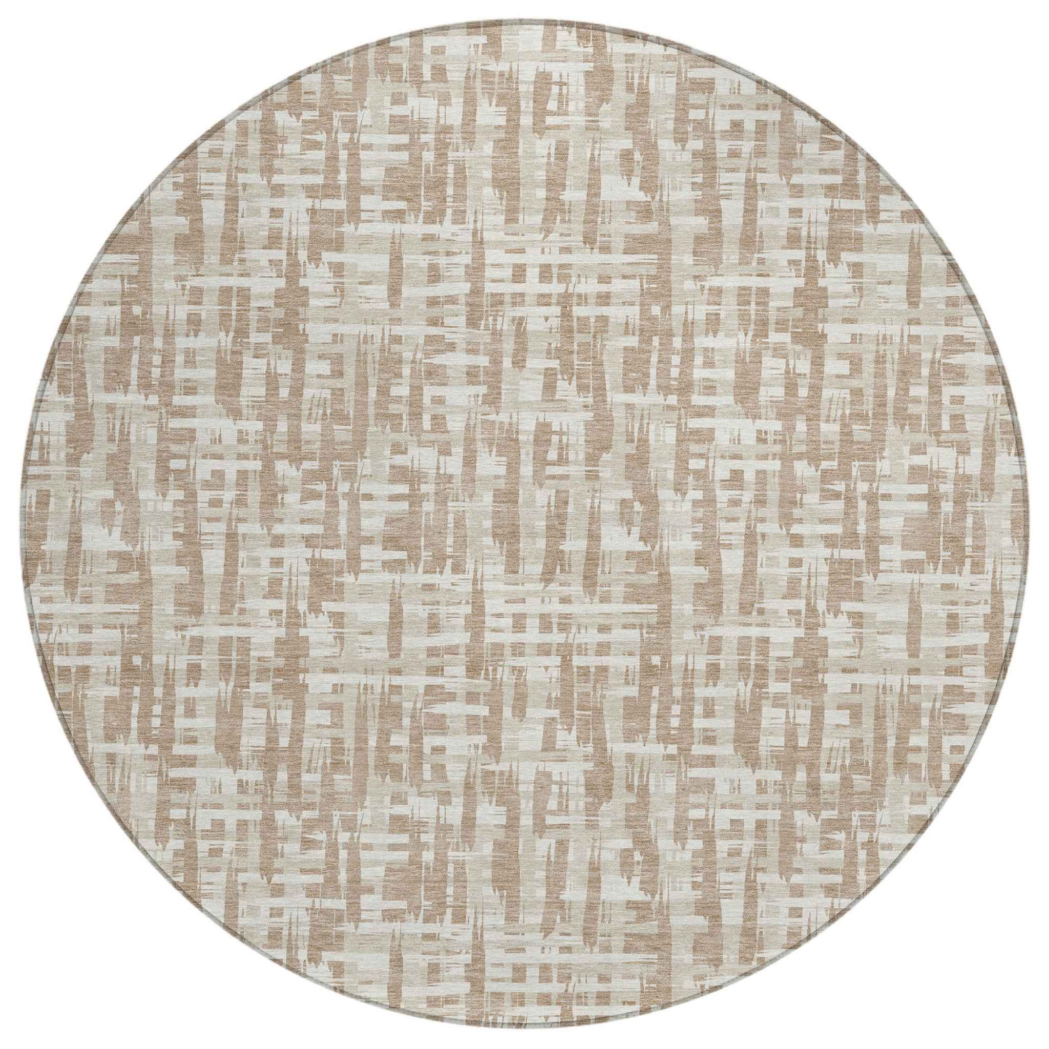 8' Tan And Beige Round Abstract Washable Indoor Outdoor Area Rug