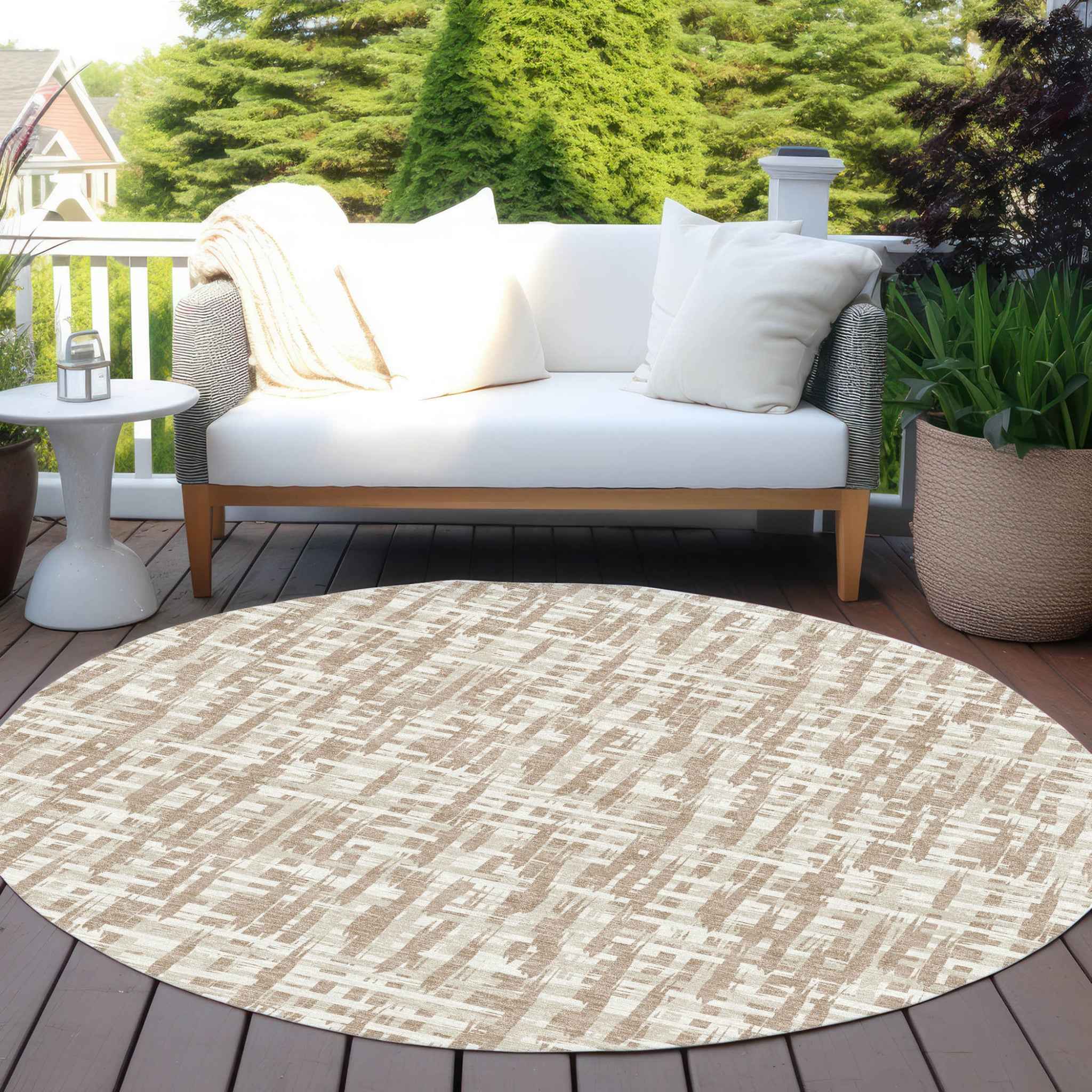 8' Tan And Beige Round Abstract Washable Indoor Outdoor Area Rug