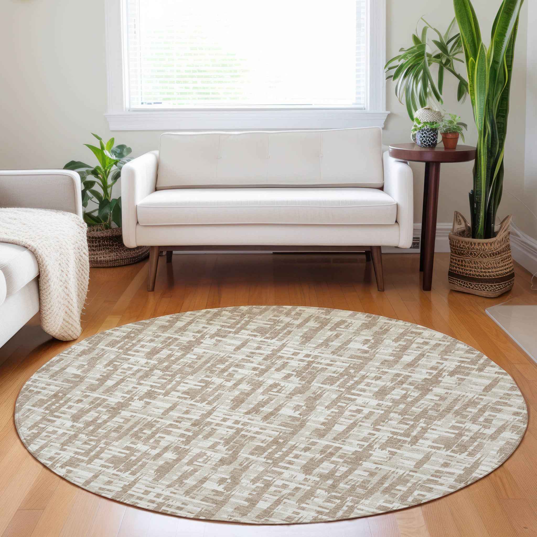 8' Tan And Beige Round Abstract Washable Indoor Outdoor Area Rug