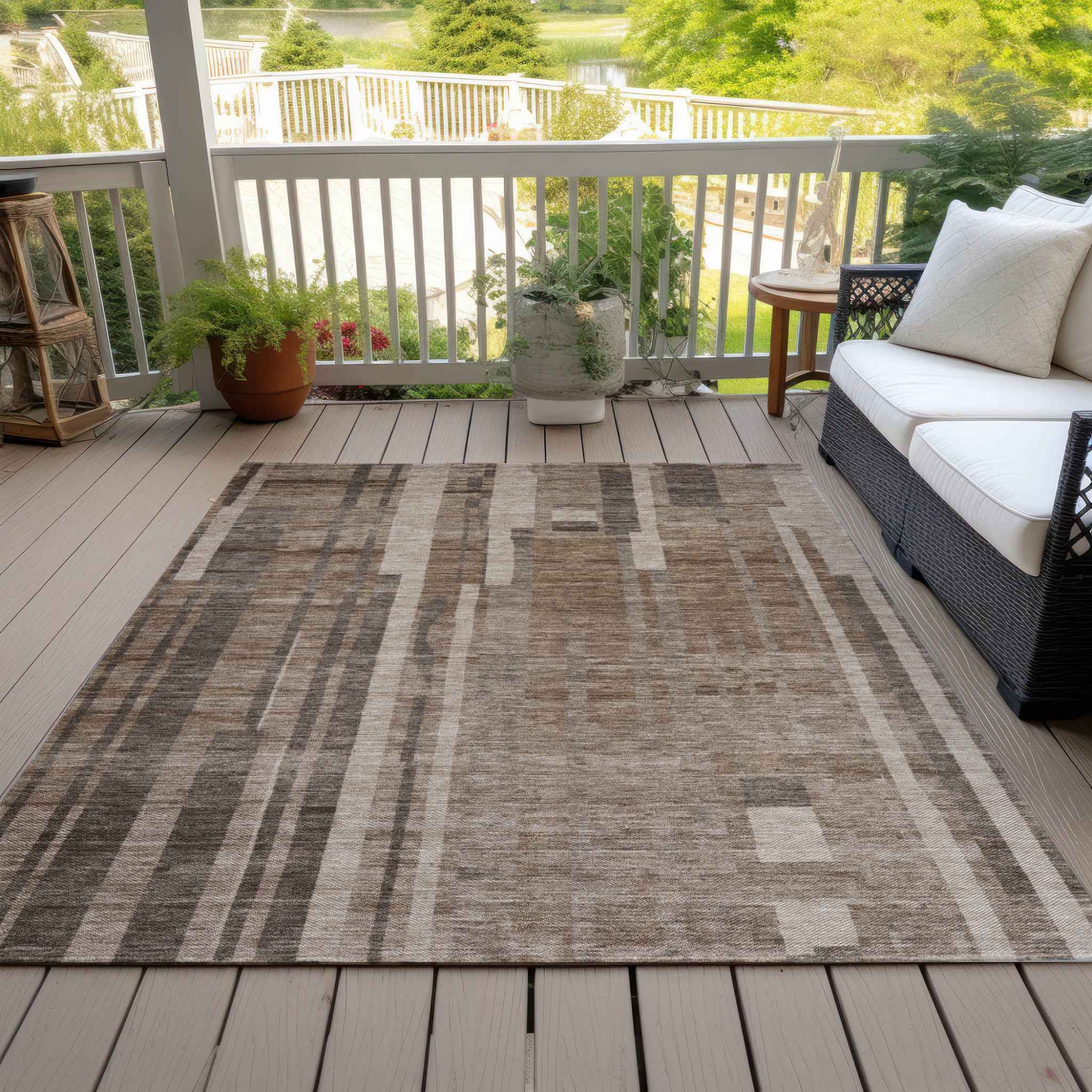 10' X 14' Brown And Beige Striped Washable Indoor Outdoor Area Rug