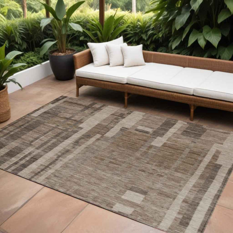 10' X 14' Brown And Beige Striped Washable Indoor Outdoor Area Rug