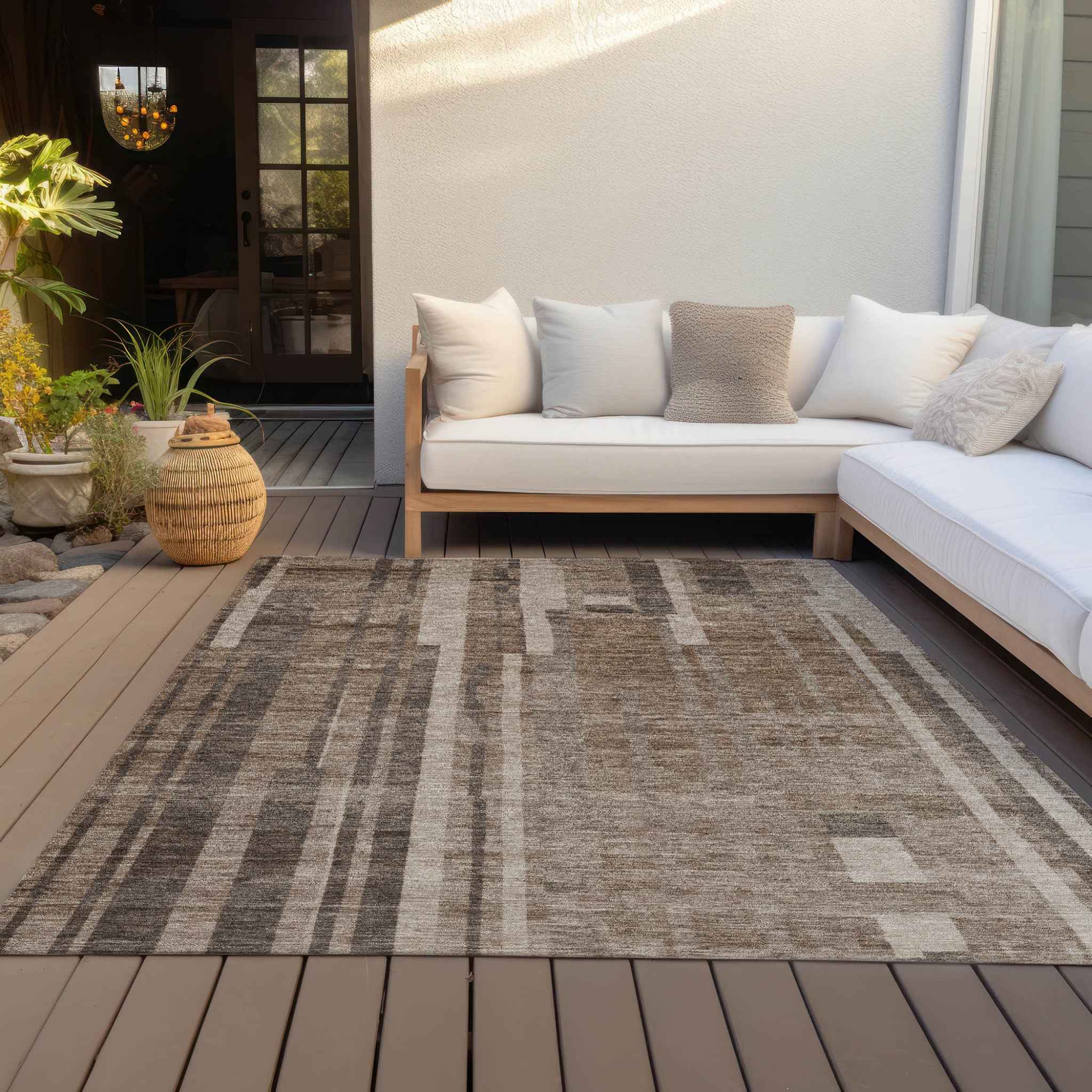 10' X 14' Brown And Beige Striped Washable Indoor Outdoor Area Rug