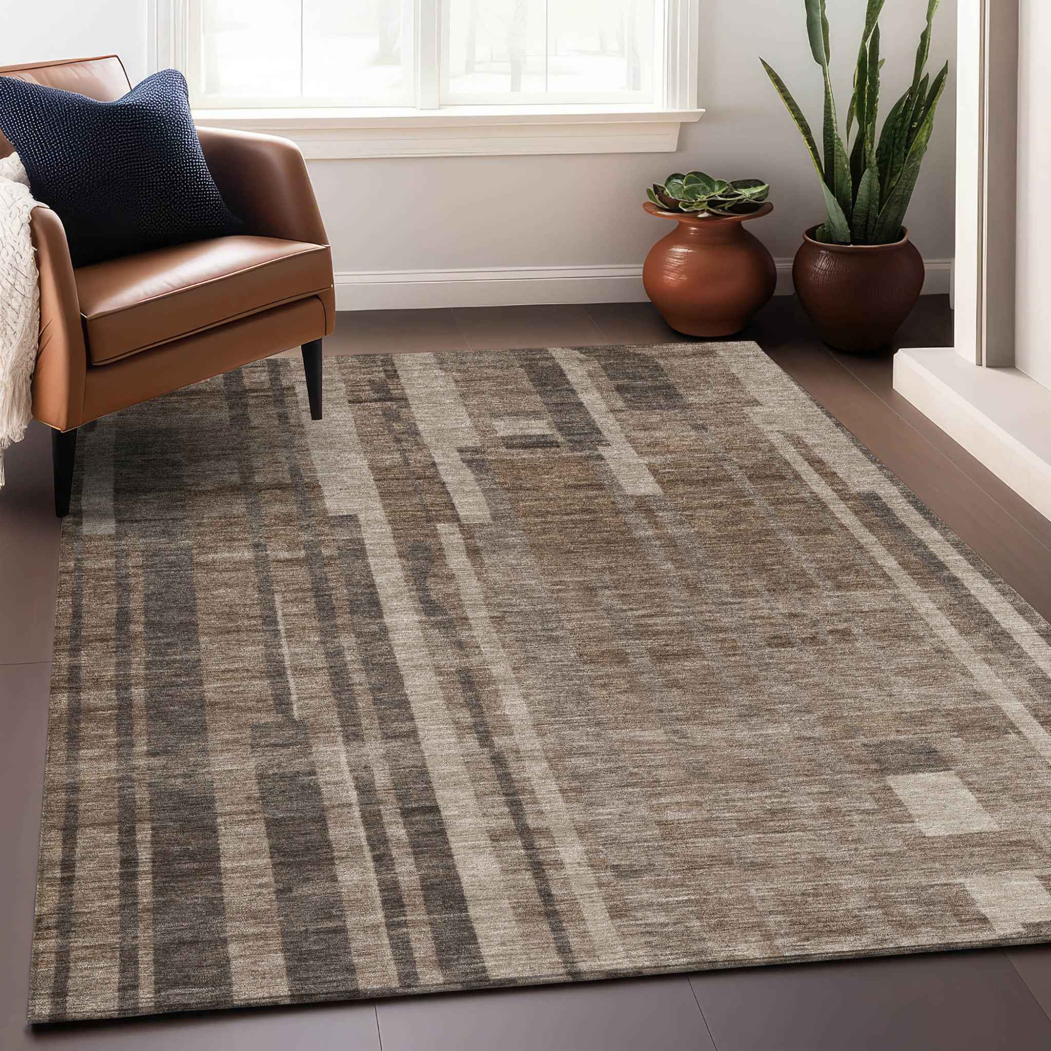10' X 14' Brown And Beige Striped Washable Indoor Outdoor Area Rug