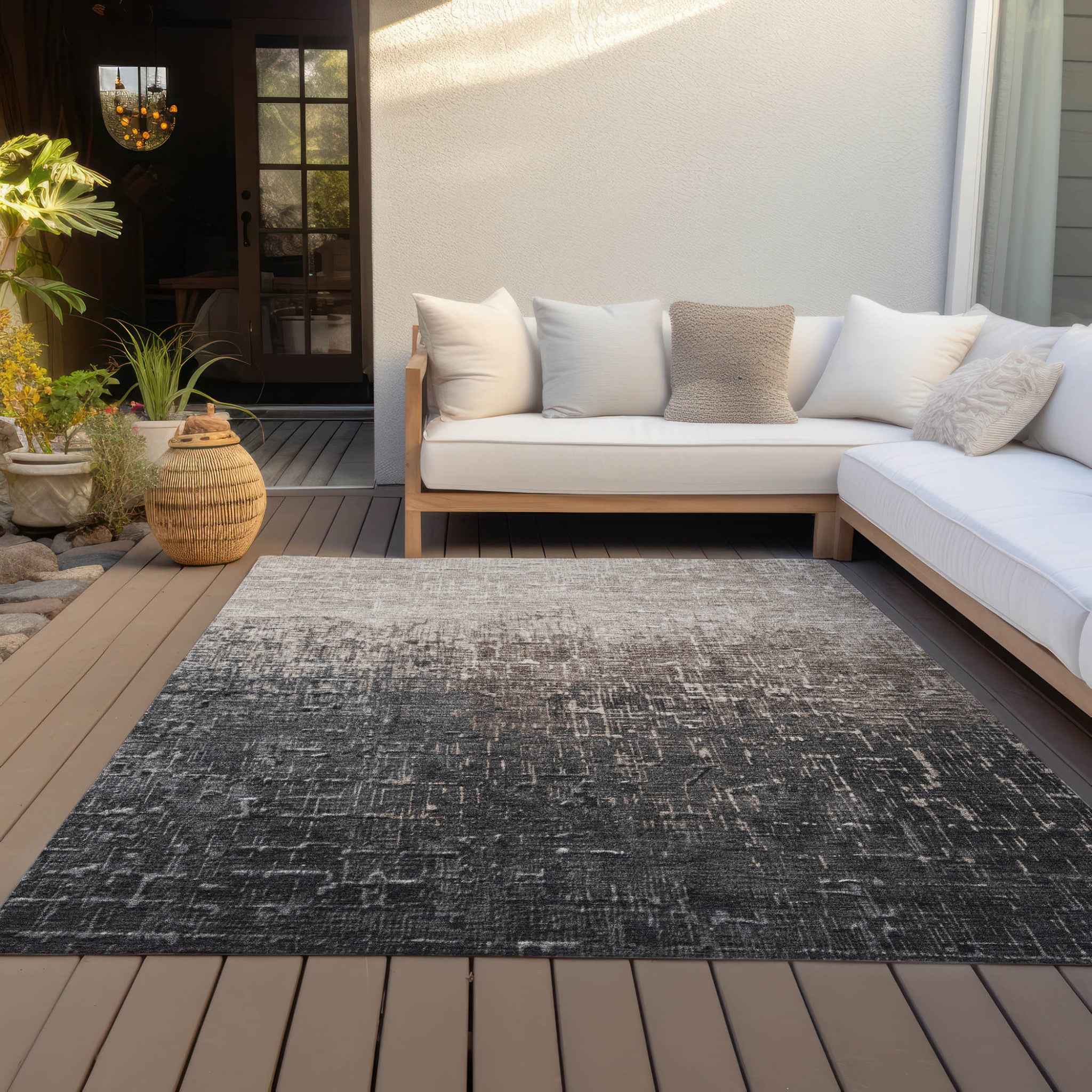 9' X 12' Khaki And Dark Gray Ombre Washable Indoor Outdoor Area Rug