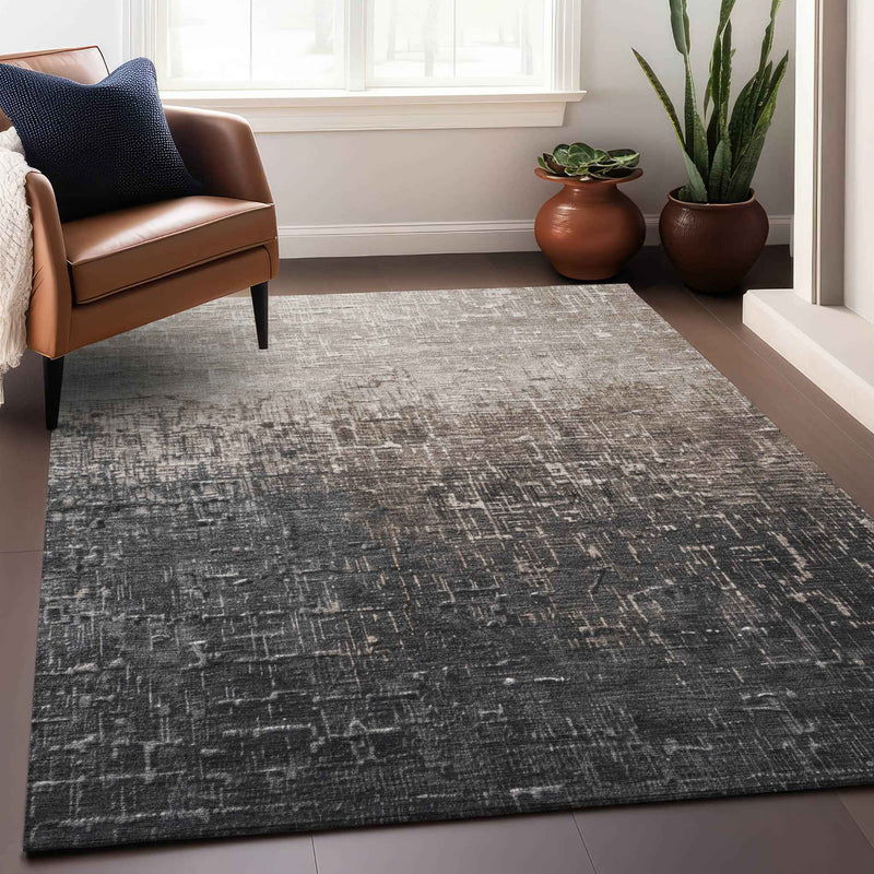 9' X 12' Khaki And Dark Gray Ombre Washable Indoor Outdoor Area Rug