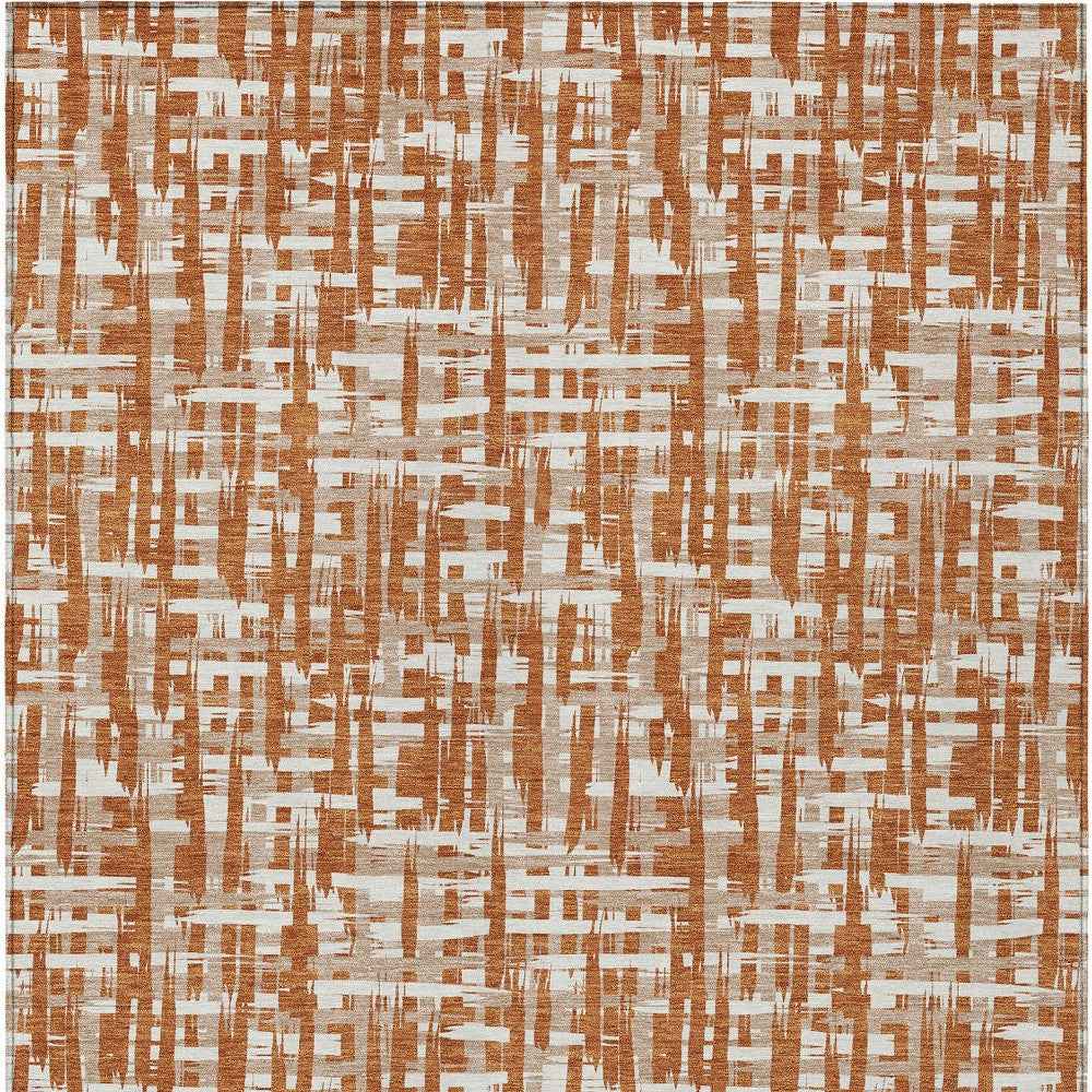 9' X 12' Terra Cotta Tan And Ivory Abstract Washable Indoor Outdoor Area Rug