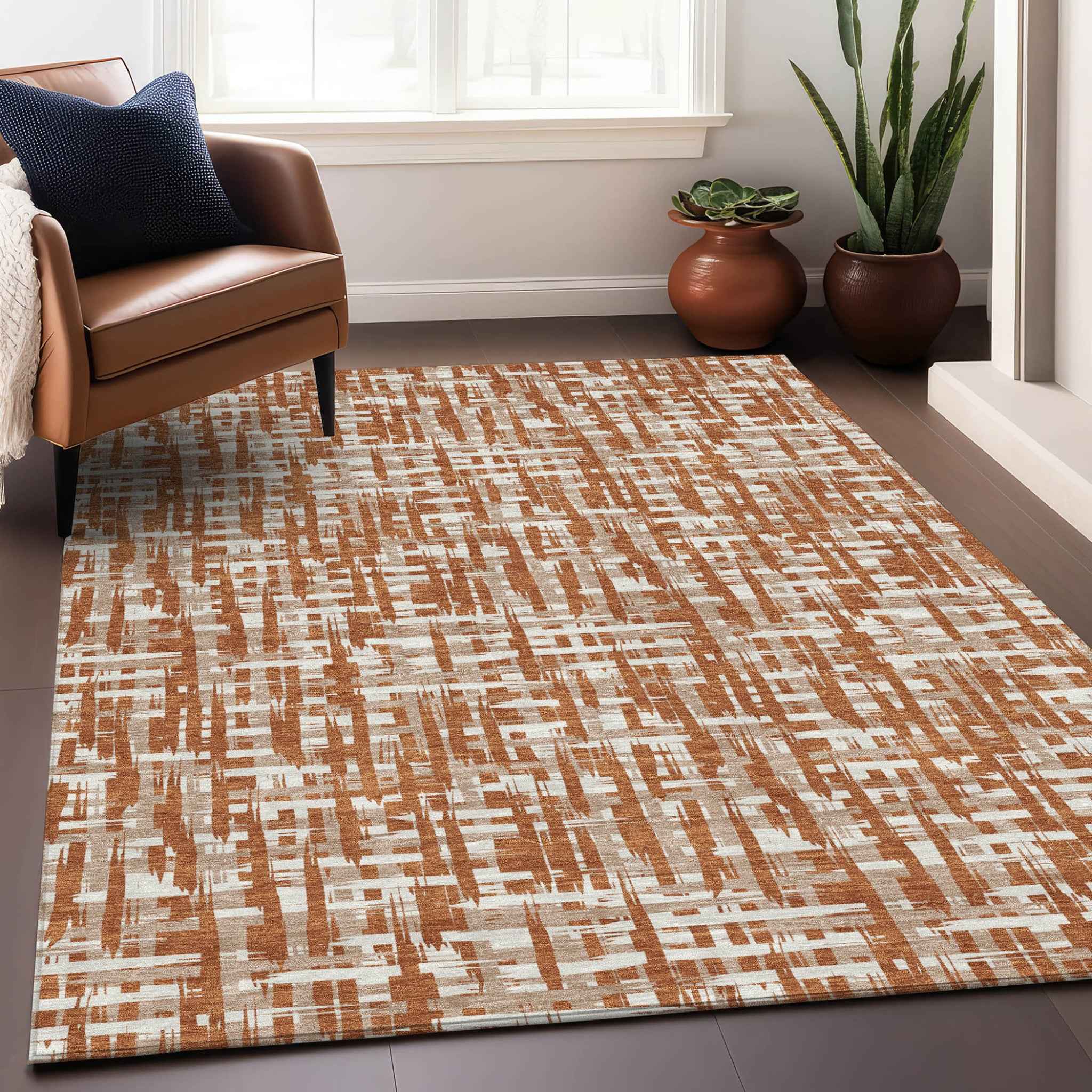 9' X 12' Terra Cotta Tan And Ivory Abstract Washable Indoor Outdoor Area Rug