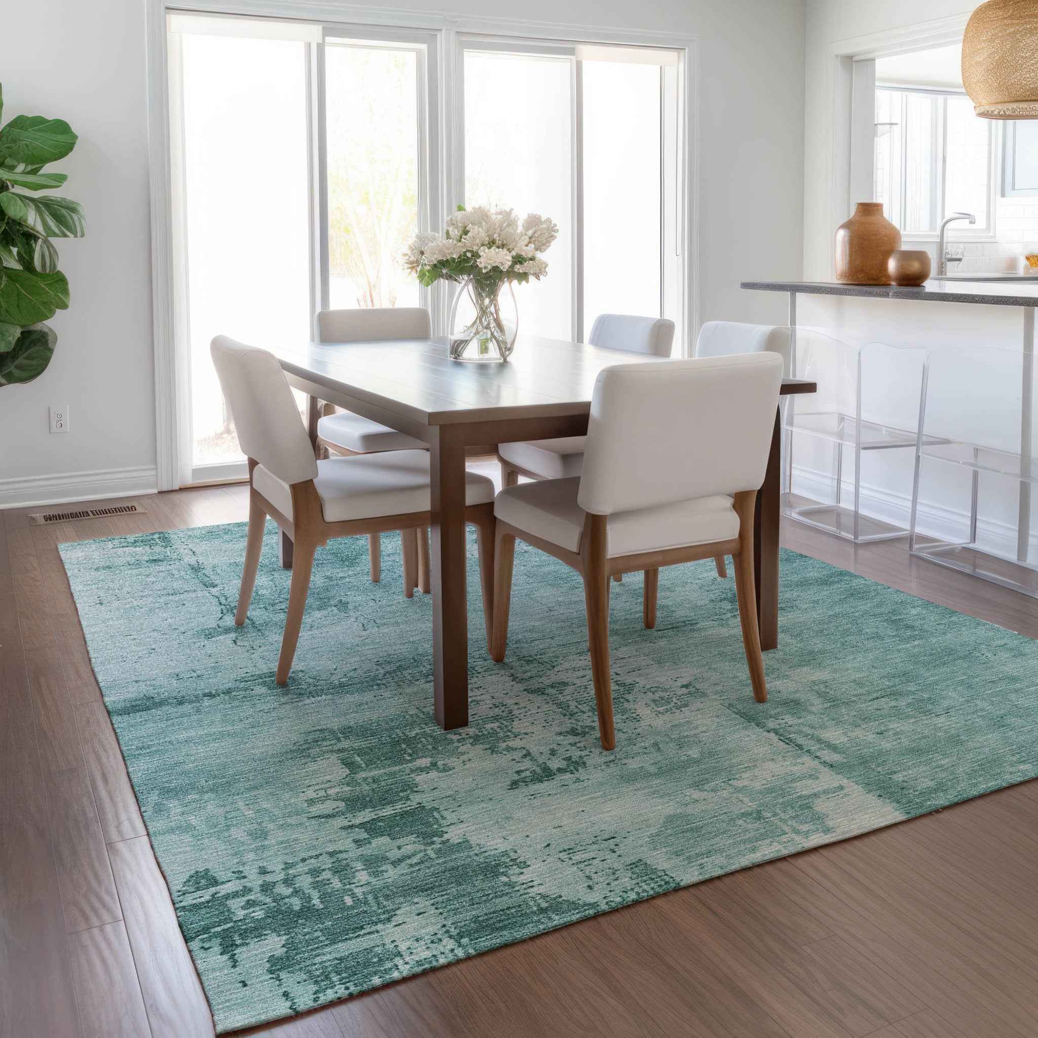 3' X 5' Teal Blue And Ivory Abstract Washable Indoor Outdoor Area Rug