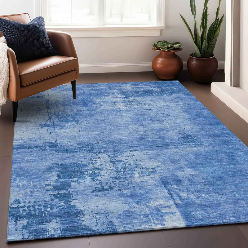 5' X 8' Navy Blue And Ivory Abstract Washable Indoor Outdoor Area Rug