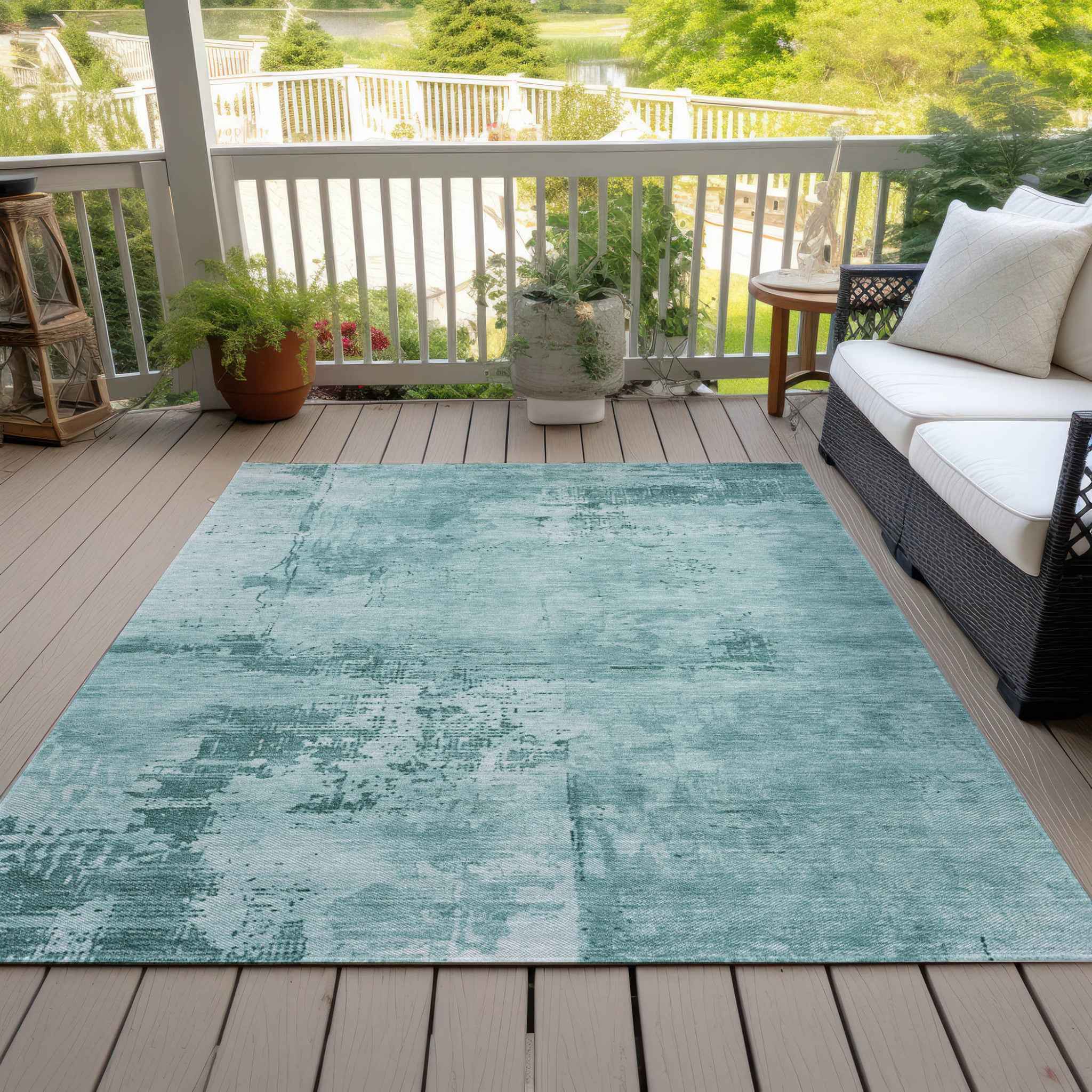 3' X 5' Teal Blue And Ivory Abstract Washable Indoor Outdoor Area Rug