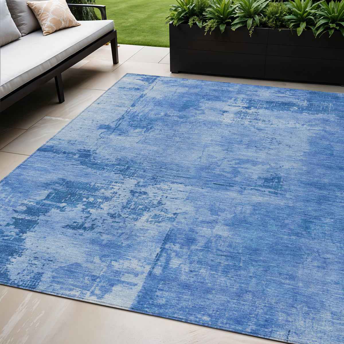 5' X 8' Navy Blue And Ivory Abstract Washable Indoor Outdoor Area Rug