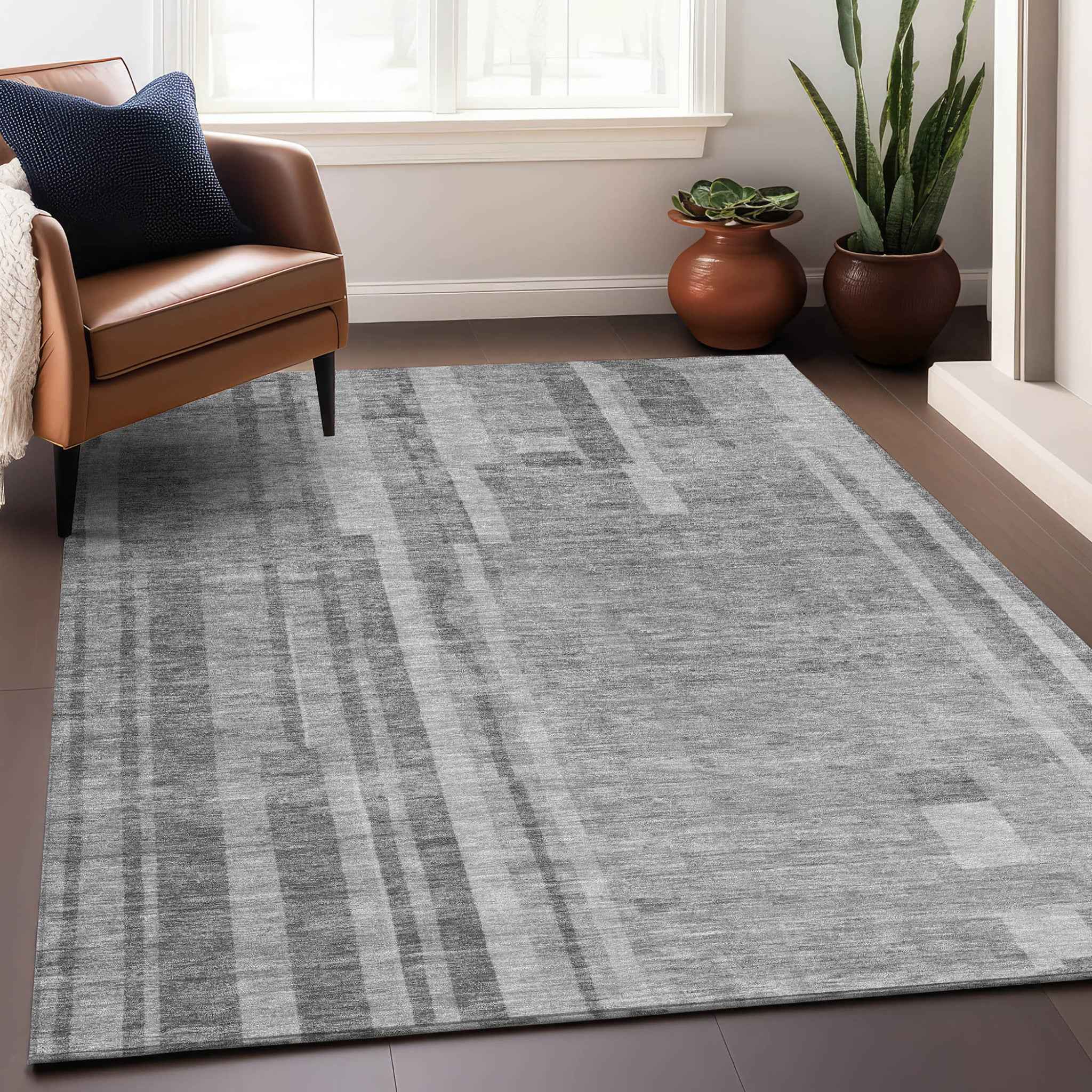 3' X 5' Gray And Silver Striped Washable Indoor Outdoor Area Rug