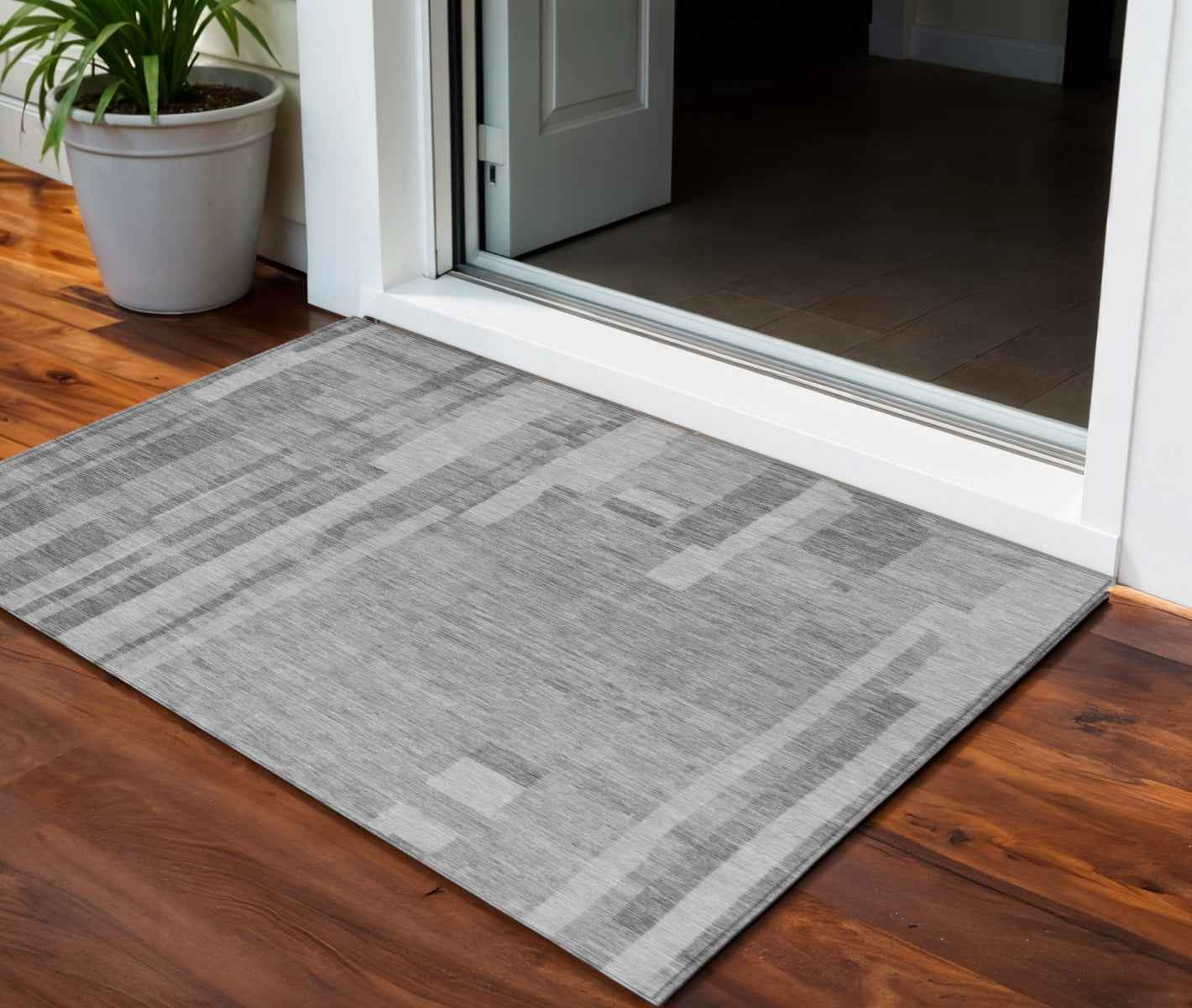 3' X 5' Gray And Silver Striped Washable Indoor Outdoor Area Rug