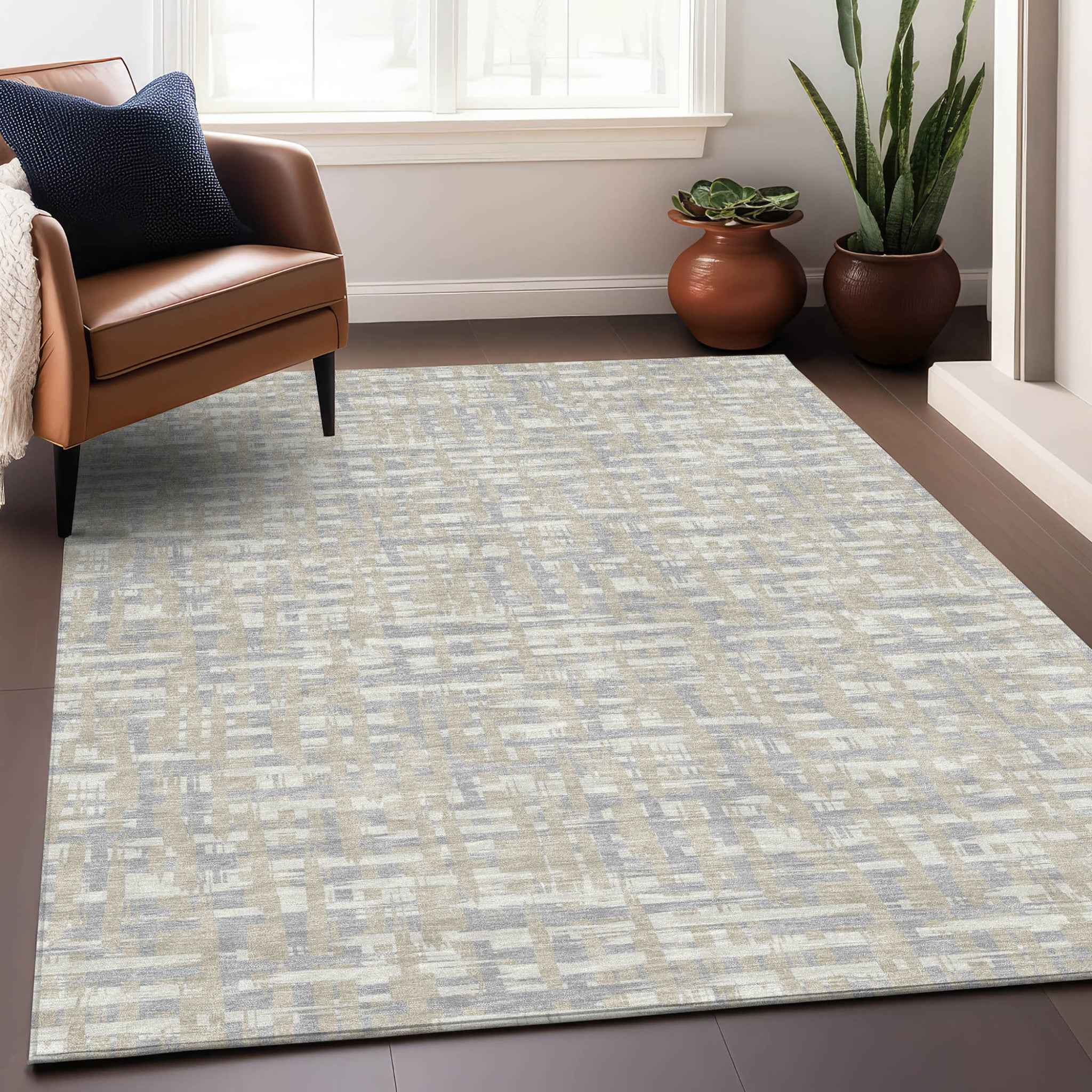 3' X 5' Beige And Gray Abstract Washable Indoor Outdoor Area Rug