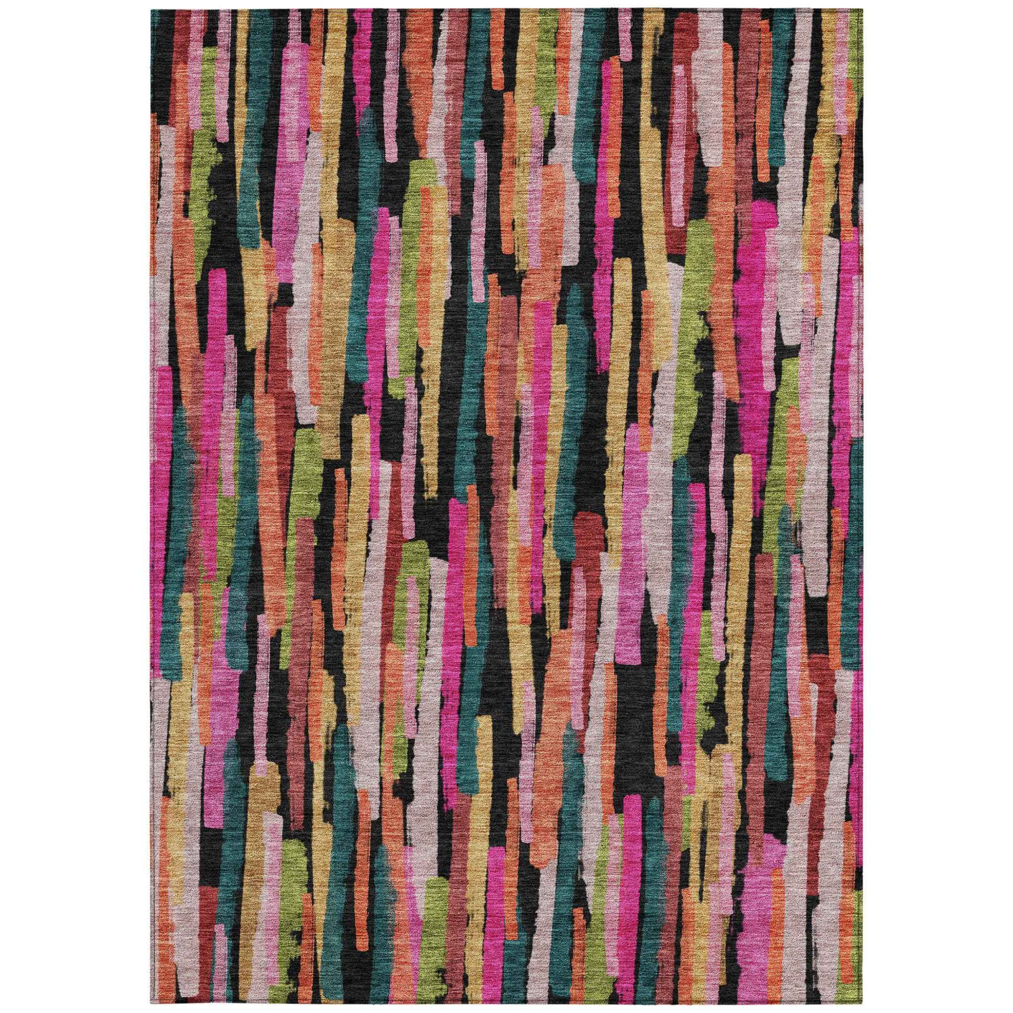 10' X 14' Pink Black And Green Striped Washable Indoor Outdoor Area Rug