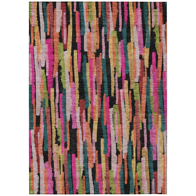 10' X 14' Pink Black And Green Striped Washable Indoor Outdoor Area Rug