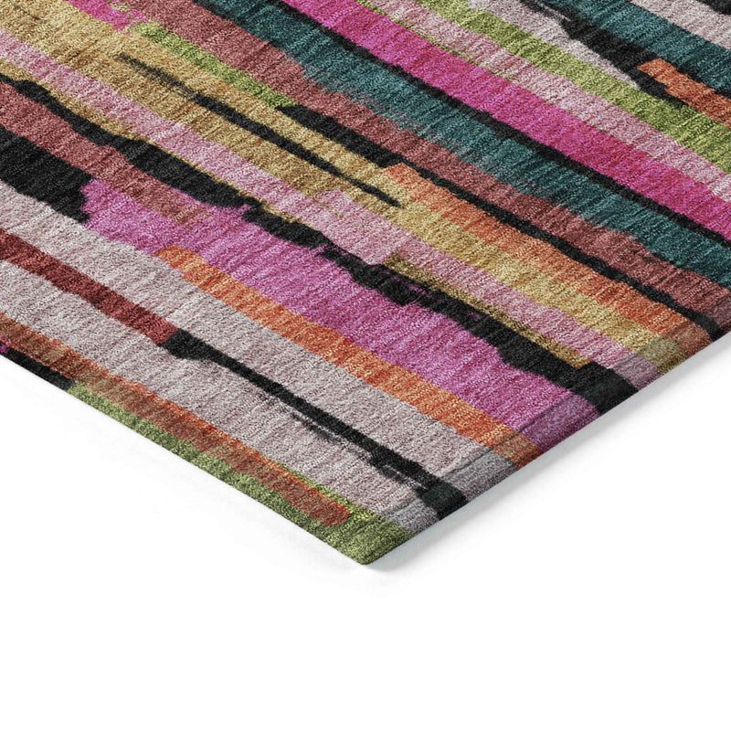 10' X 14' Pink Black And Green Striped Washable Indoor Outdoor Area Rug