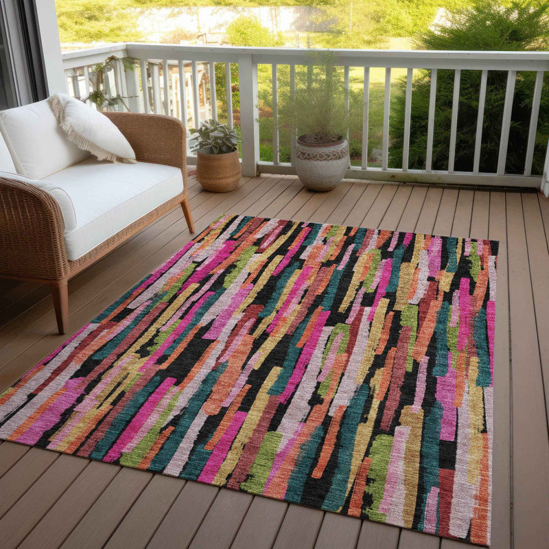10' X 14' Pink Black And Green Striped Washable Indoor Outdoor Area Rug