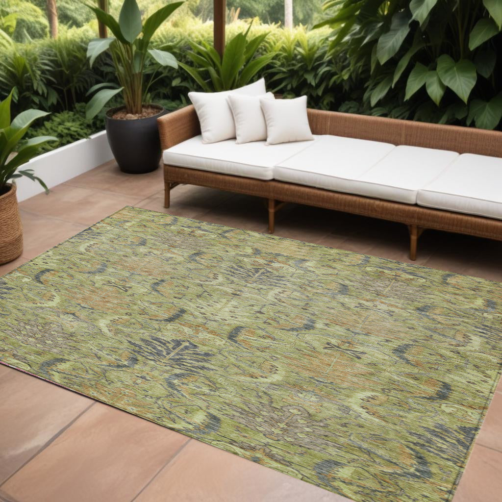 10' X 14' Artichoke Green Gray And Tan Damask Washable Indoor Outdoor Area Rug - Sports & Outdoor