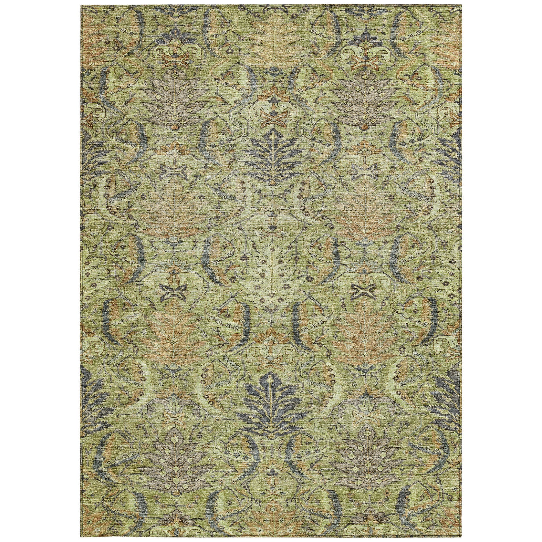 10' X 14' Artichoke Green Gray And Tan Damask Washable Indoor Outdoor Area Rug - Sports & Outdoor