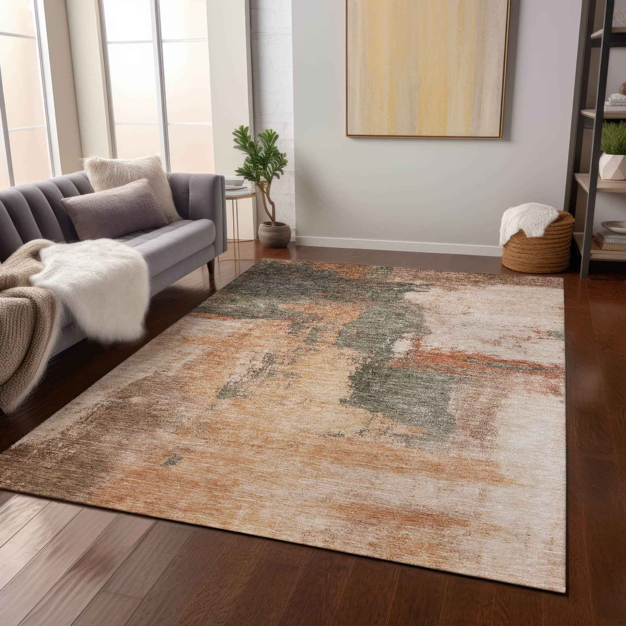 9' X 12' Terra Cotta Gray And Brown Abstract Washable Indoor Outdoor Area Rug