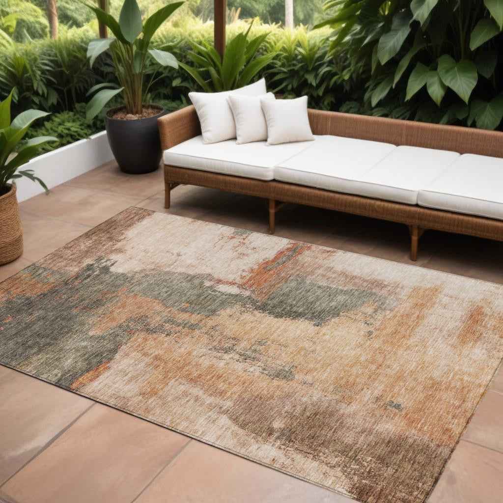9' X 12' Terra Cotta Gray And Brown Abstract Washable Indoor Outdoor Area Rug