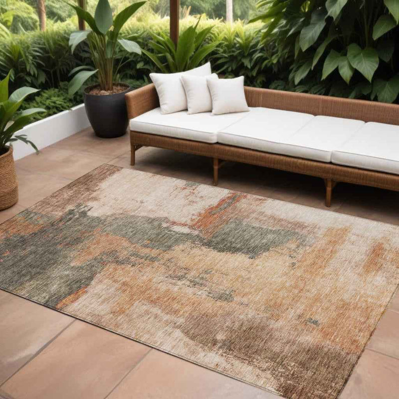 9' X 12' Terra Cotta Gray And Brown Abstract Washable Indoor Outdoor Area Rug