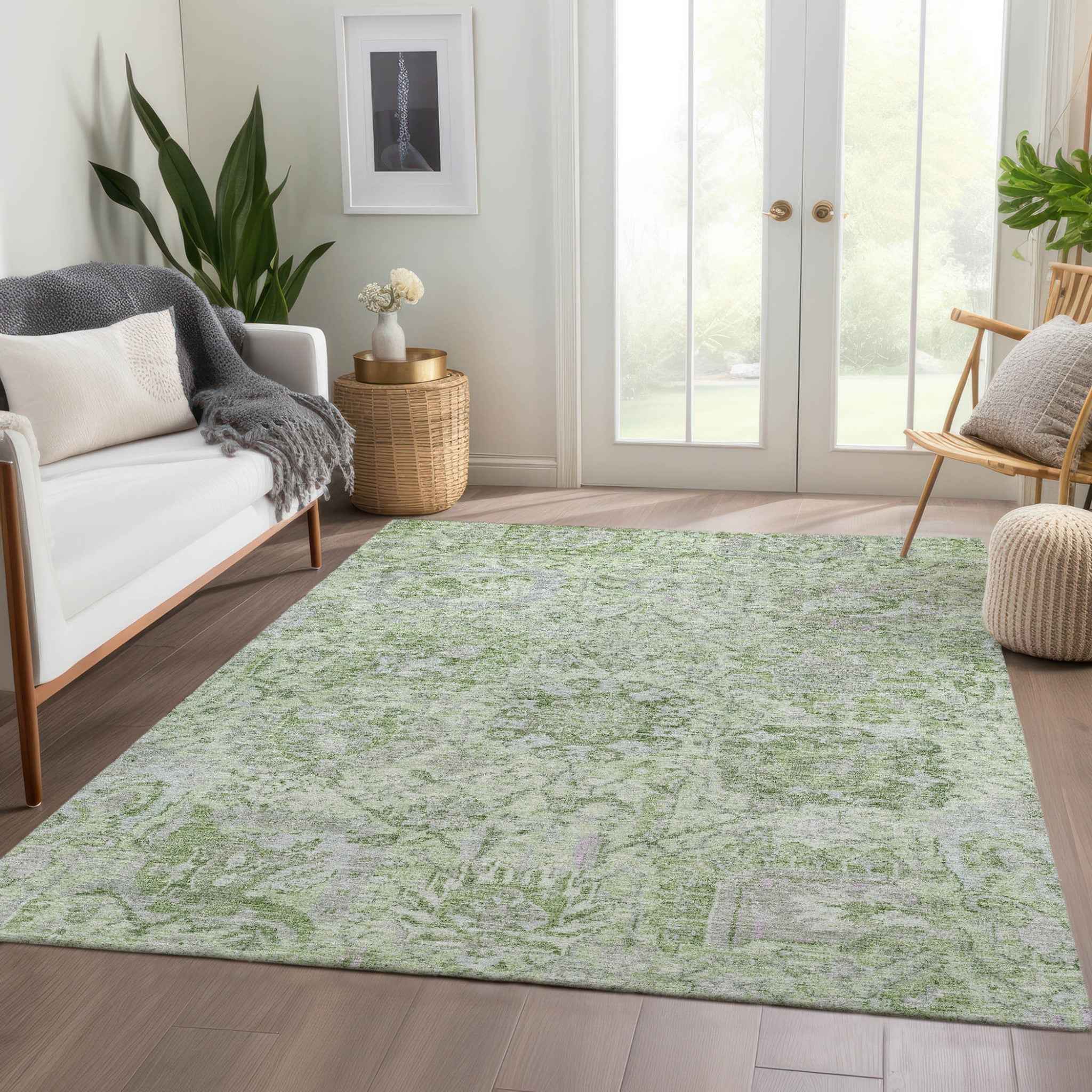 8' X 10' Mint Green And Gray Damask Washable Indoor Outdoor Area Rug
