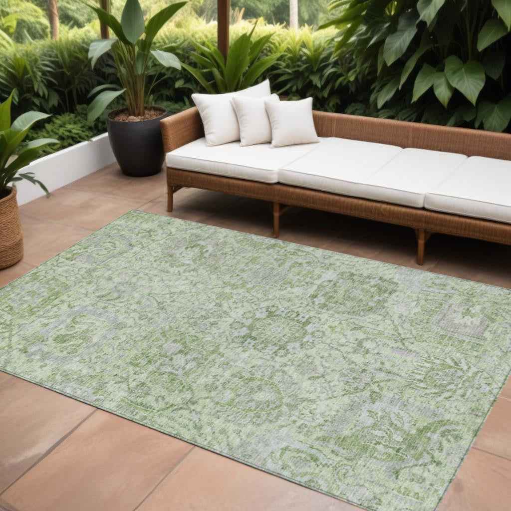 8' X 10' Mint Green And Gray Damask Washable Indoor Outdoor Area Rug