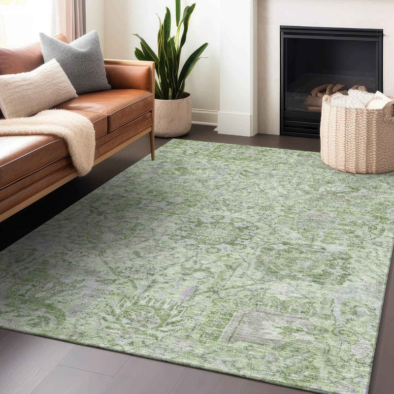 8' X 10' Mint Green And Gray Damask Washable Indoor Outdoor Area Rug