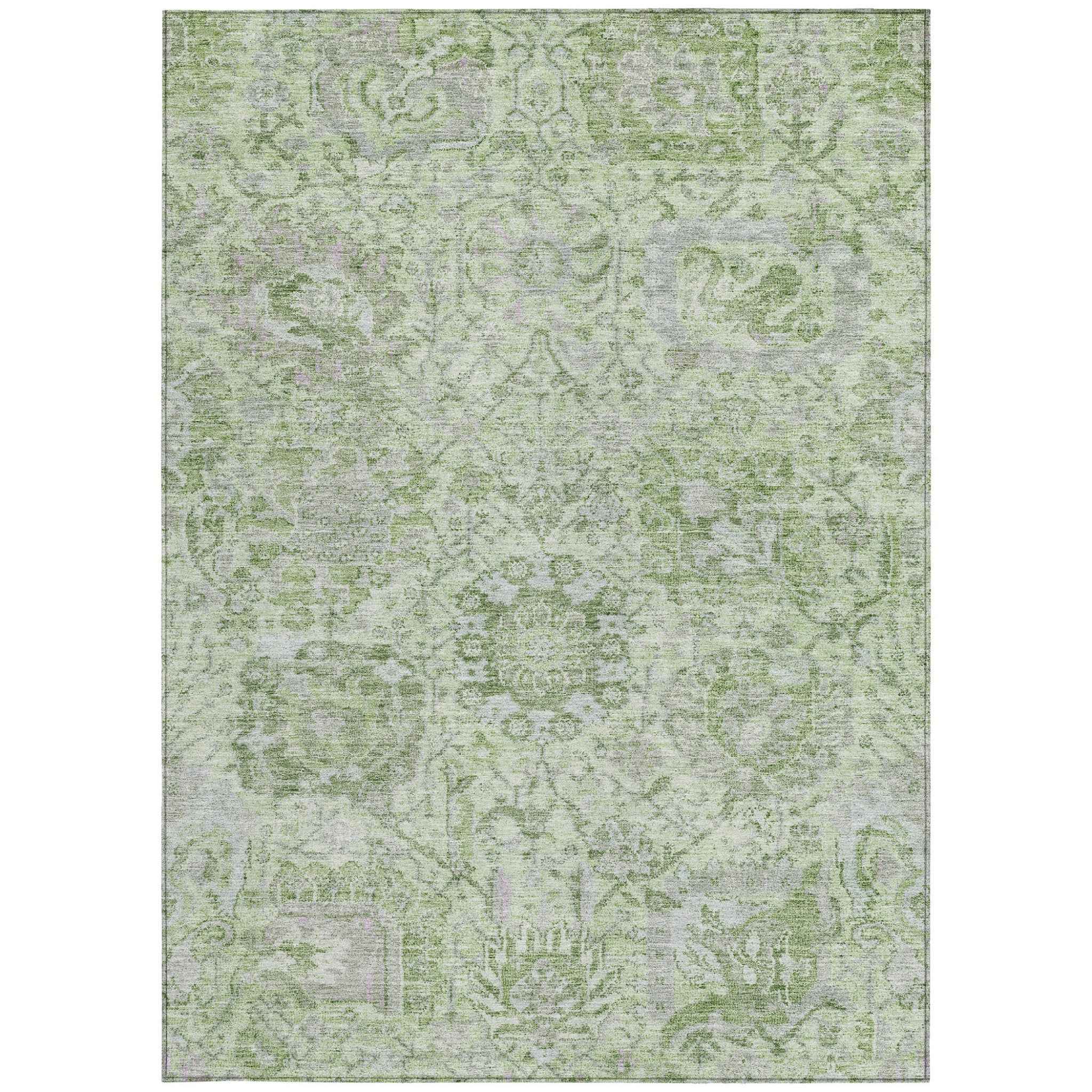 8' X 10' Mint Green And Gray Damask Washable Indoor Outdoor Area Rug