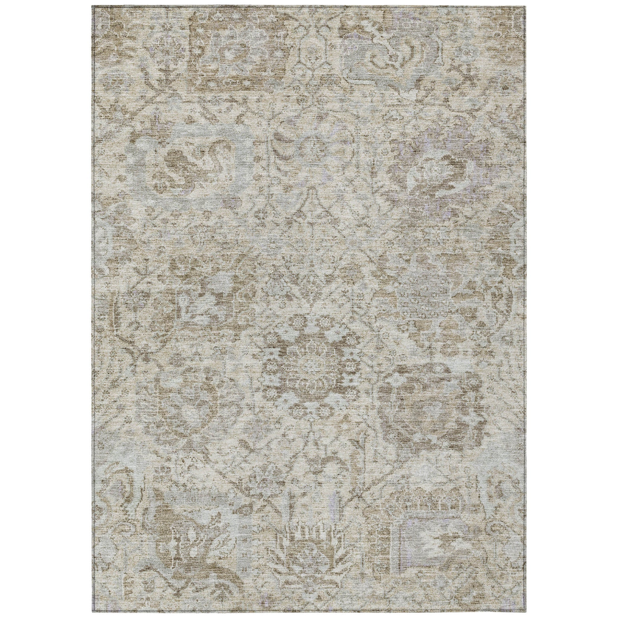 10' X 14' Ivory Brown And Gray Damask Washable Indoor Outdoor Area Rug - Sports & Outdoor