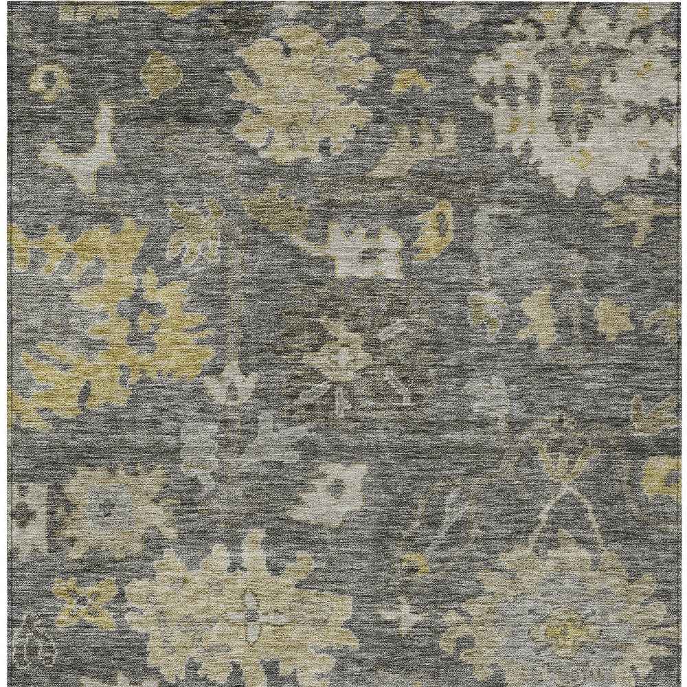 10' X 14' Gray And Charcoal Floral Washable Indoor Outdoor Area Rug
