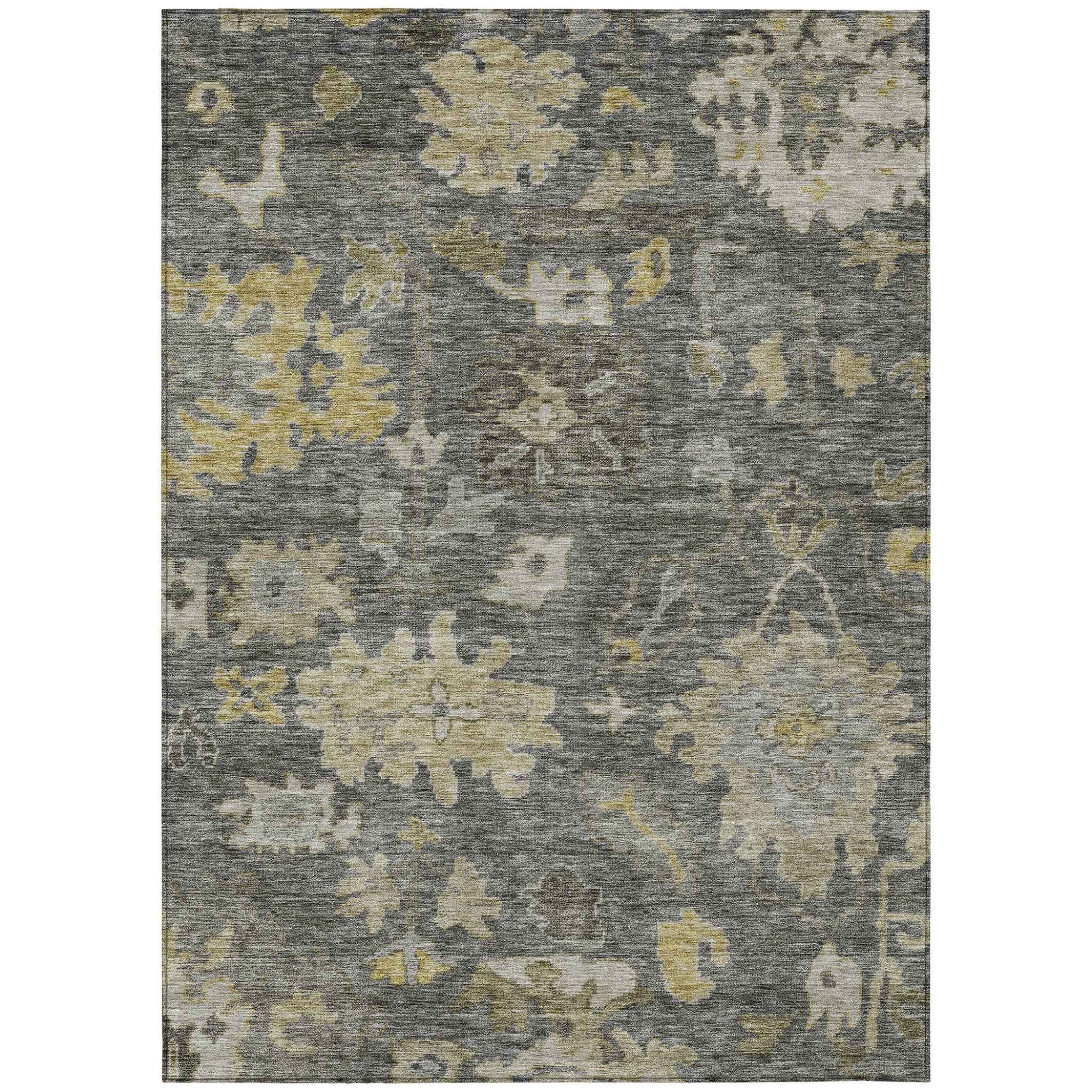 10' X 14' Gray And Charcoal Floral Washable Indoor Outdoor Area Rug