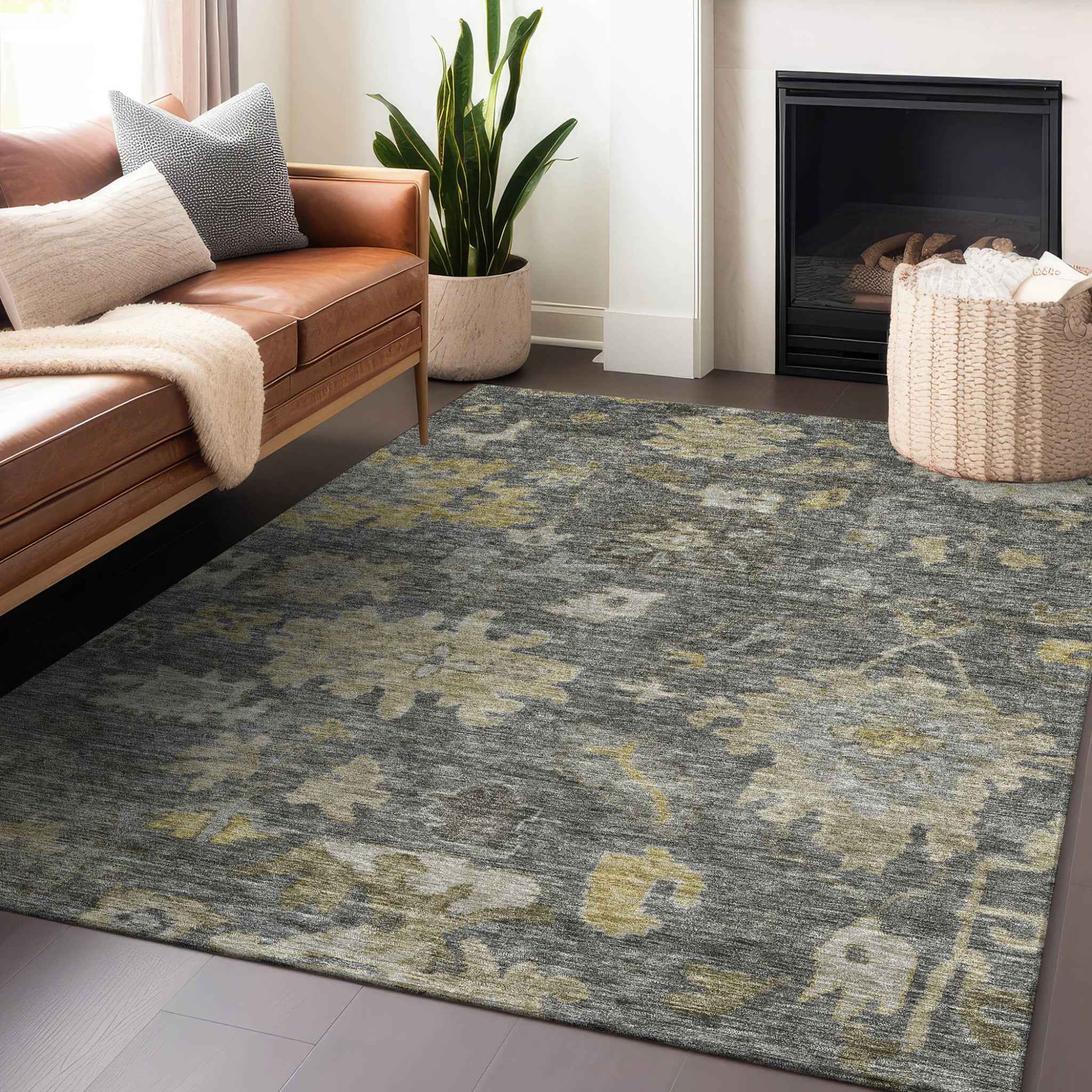 10' X 14' Gray And Charcoal Floral Washable Indoor Outdoor Area Rug