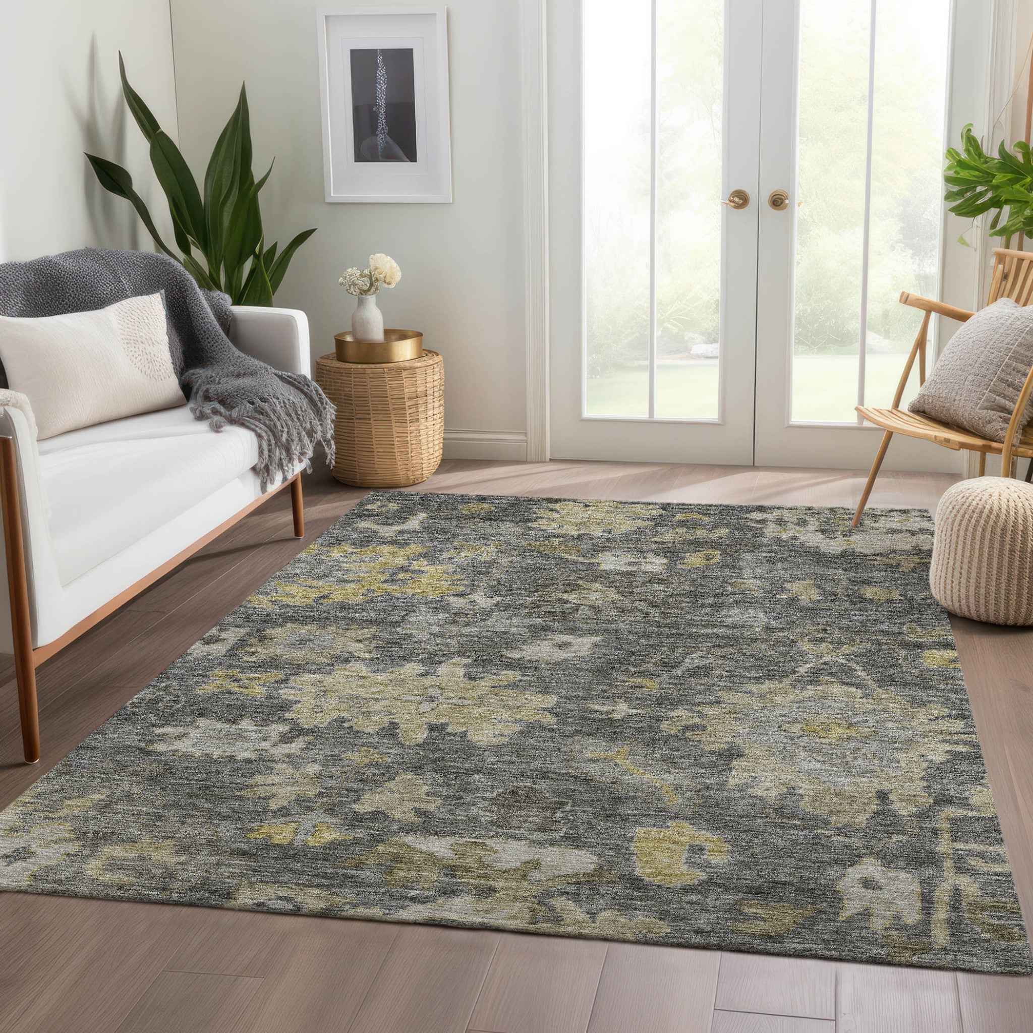 10' X 14' Gray And Charcoal Floral Washable Indoor Outdoor Area Rug