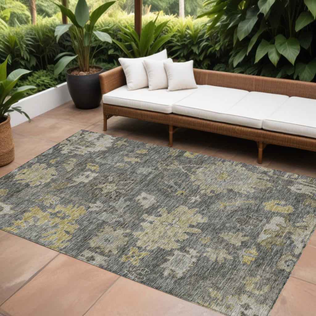 10' X 14' Gray And Charcoal Floral Washable Indoor Outdoor Area Rug