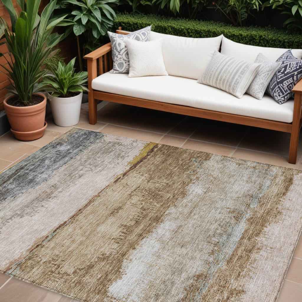 9' X 12' Beige Brown And Gray Abstract Washable Indoor Outdoor Area Rug