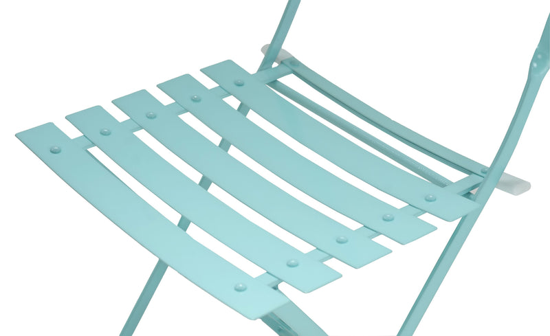 Close-up of aqua blue slatted seat and armrest on an outdoor folding dining chair