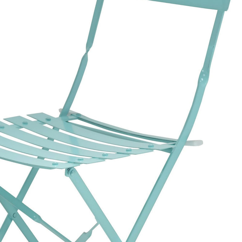 Close-up of aqua blue slatted seat and folding frame on outdoor dining chair