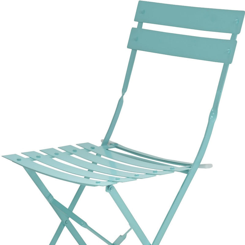 Aqua blue aluminum folding dining chair with slatted back and seat, front view