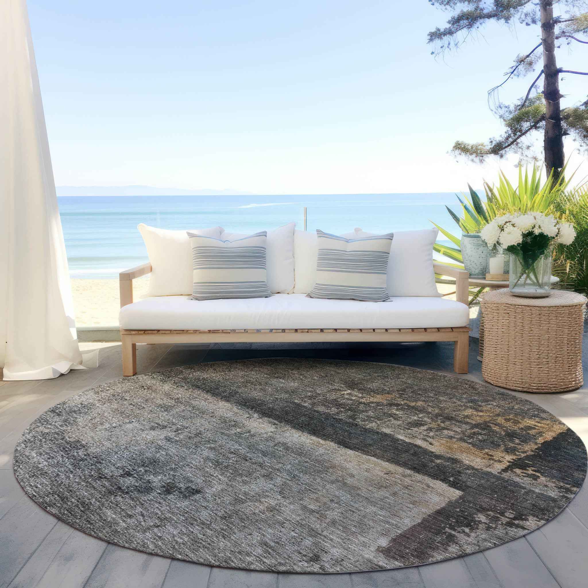 8' Coffee Black And Beige Round Abstract Washable Indoor Outdoor Area Rug