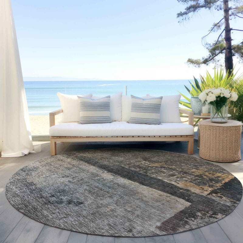 8' Coffee Black And Beige Round Abstract Washable Indoor Outdoor Area Rug