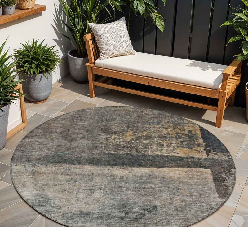8' Coffee Black And Beige Round Abstract Washable Indoor Outdoor Area Rug