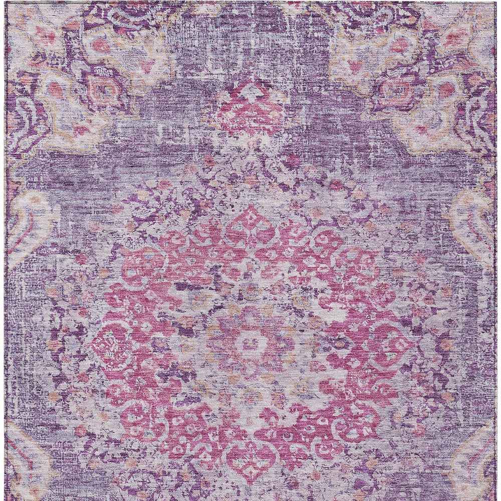 3' X 5' Purple Floral Medallion Washable Indoor Outdoor Area Rug