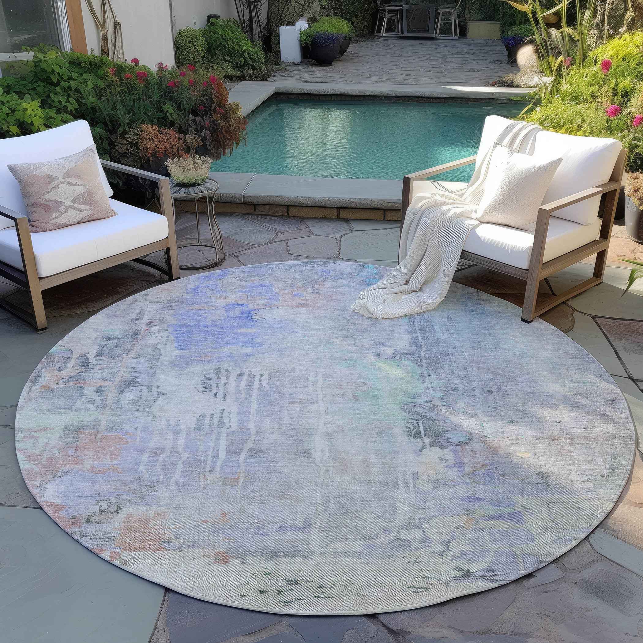 8' Purple Round Abstract Washable Indoor Outdoor Area Rug