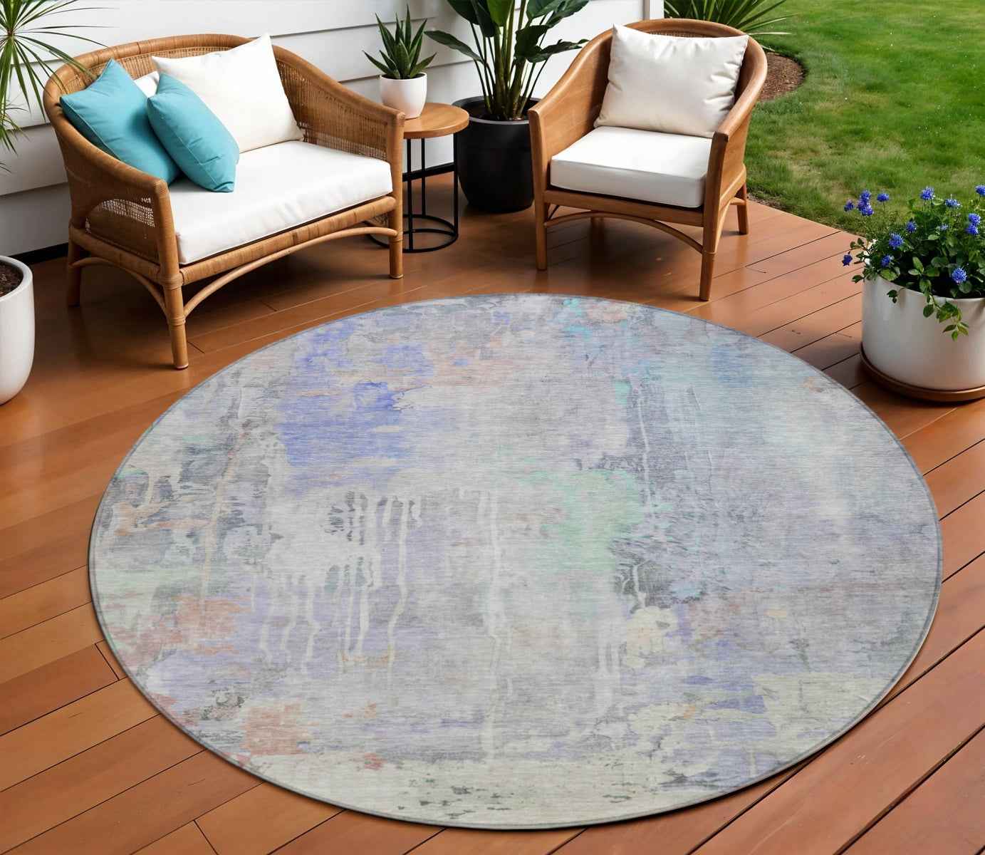 8' Purple Round Abstract Washable Indoor Outdoor Area Rug